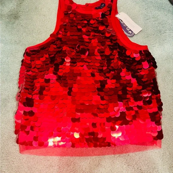 Red Sequin Sleeveless Top Scoop Women's Paillette Sequin Tank Top XS NWT - Picture 3 of 5